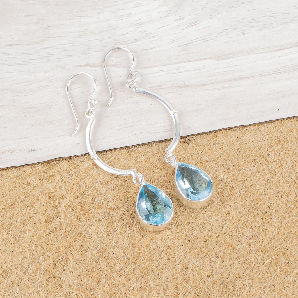 Sky Blue Topaz Gemstone Silver Jewelry, 925 Sterling Silver Earrings, Handmade Beautiful Earrings For Wedding Gift