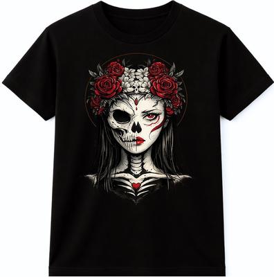 Gothic Sugar Skull Girl T Shirt Rose Crown Day of Dead Graphic Tee Top