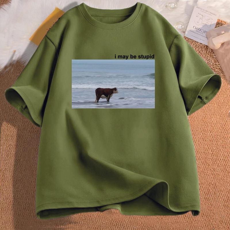 Ich bin vielleicht eine dumme Kuh am Strand Lustiges Meme T-Shirt Baumwolle Kurzarm Damenmode Rundhals-T-Shirt Lässiges Gemütliches Baumwoll-T-Shirt