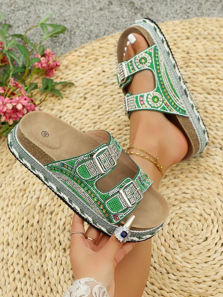 Fashion 2025 Summer Fashion Rhinestone Design Casual Thick Soled Slippers for Women Open Toes Comfortable Versatile Beach Chunky Sandals