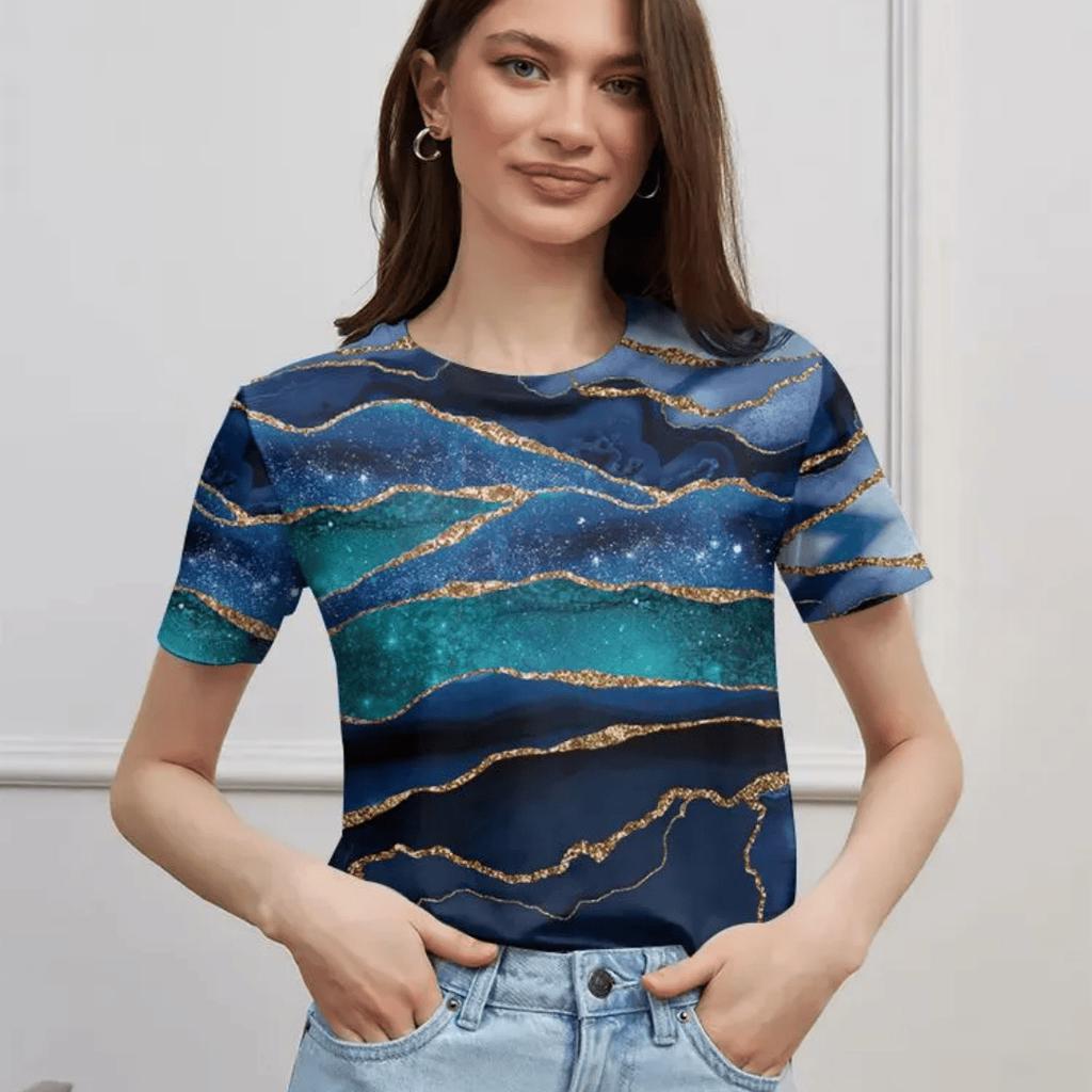 Women New Retro Harajuku Stripe Print V‑Neck Short Sleeve T‑Shirt Streetwear Casual Summer Pullover Top