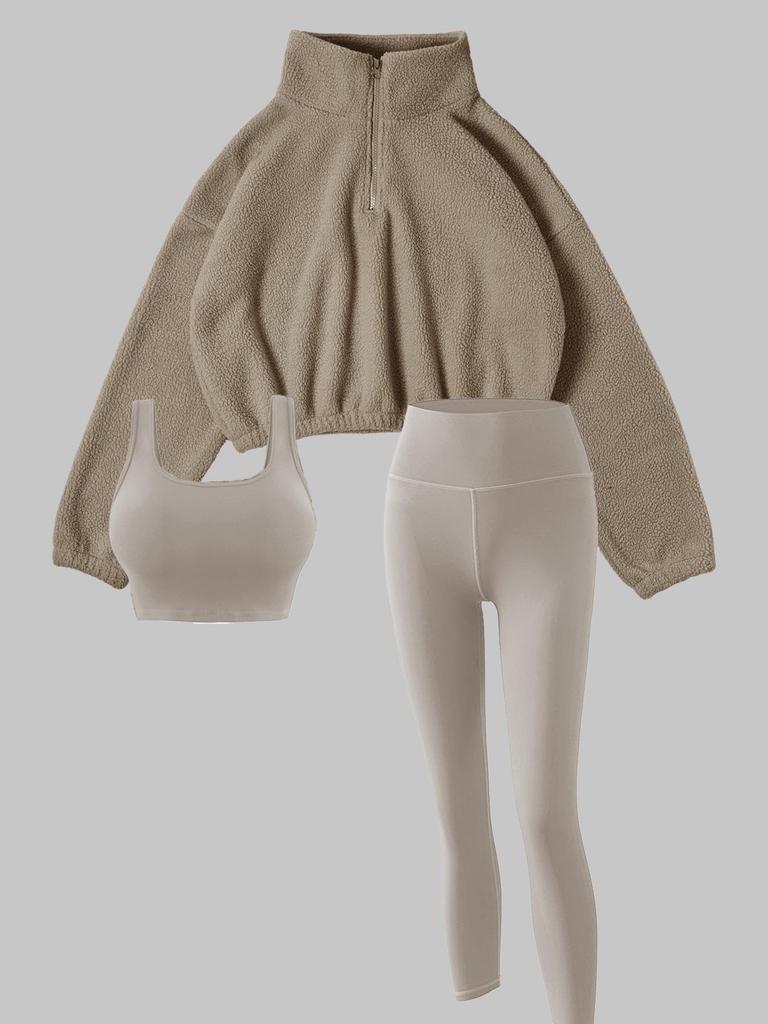 European & American Autumn/Winter Women's Fleece Three-Piece Set: High-Neck Half-Zip Sweatshirt, Vest, and Long Pants for Fitness.