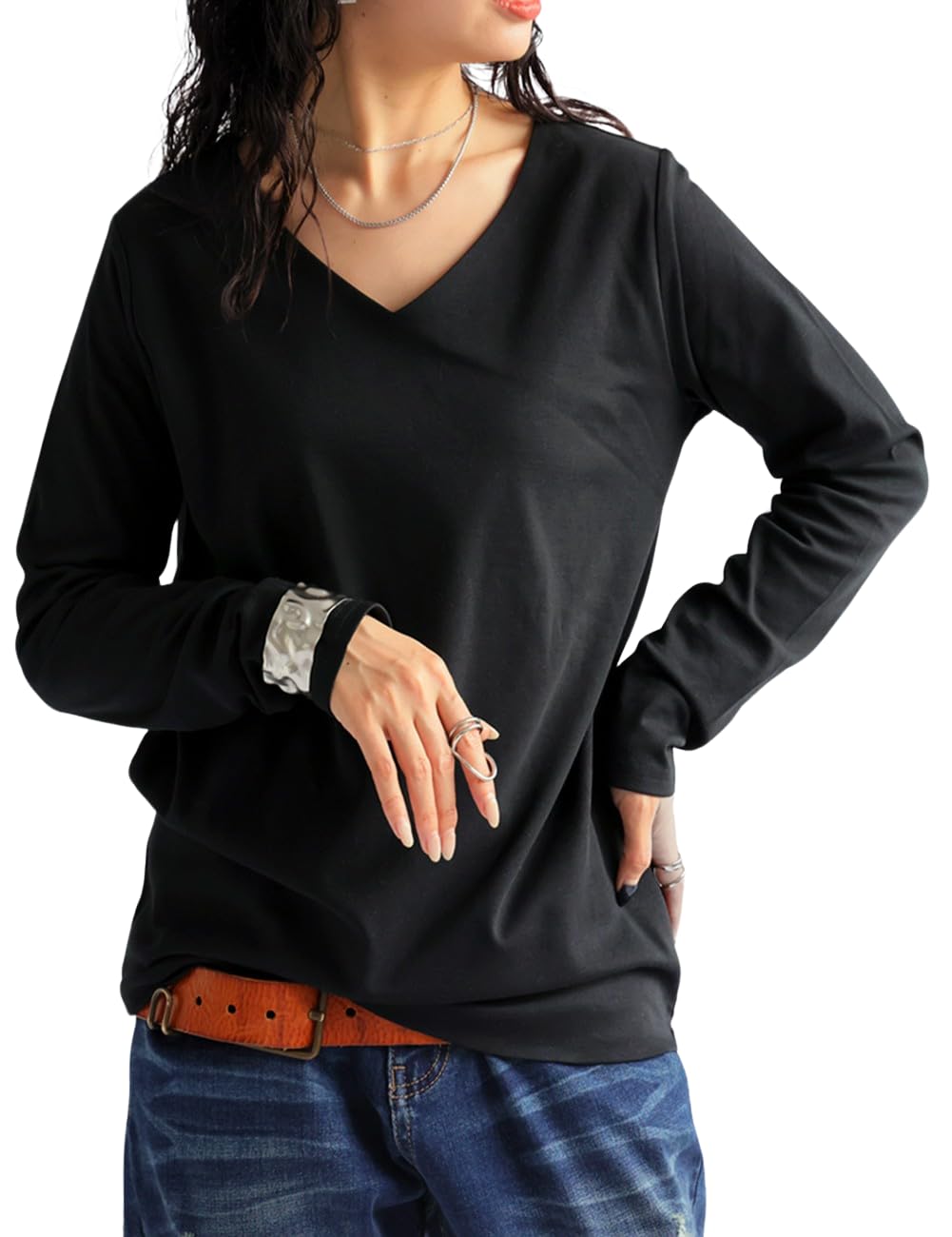

long long sleeve 100 cotton plain L 05 Black [antiqua] T-shirt V-neck T-shirt women s NA-00447