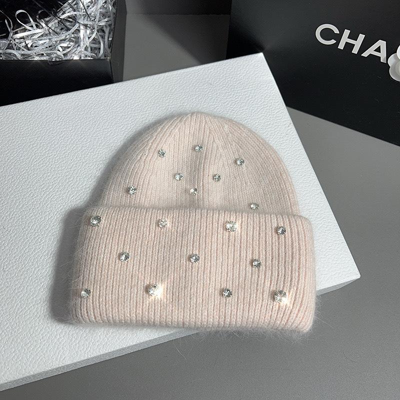 Luxus Strass Perlen Strickmütze Koreanische Damen Kaninchenfell Wolle Skullies Mütze Wintermode Verdickte Warme Mütze Beanie