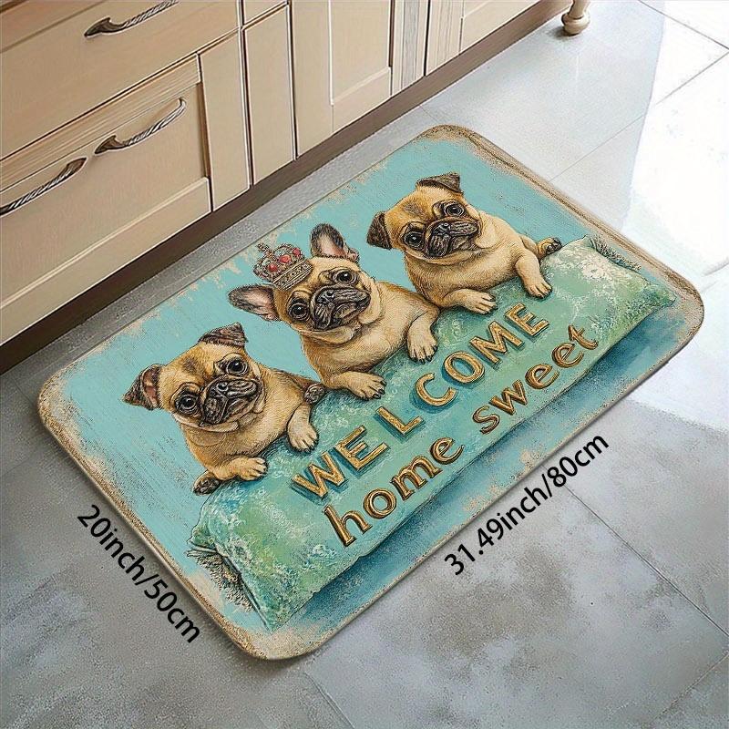 1pc Farmhouse Style Doormat with Pug Dog Wearing Crown Pattern Print, 8mm Thick Polyester Mat, 122-930g Weight, Rectangular Non-