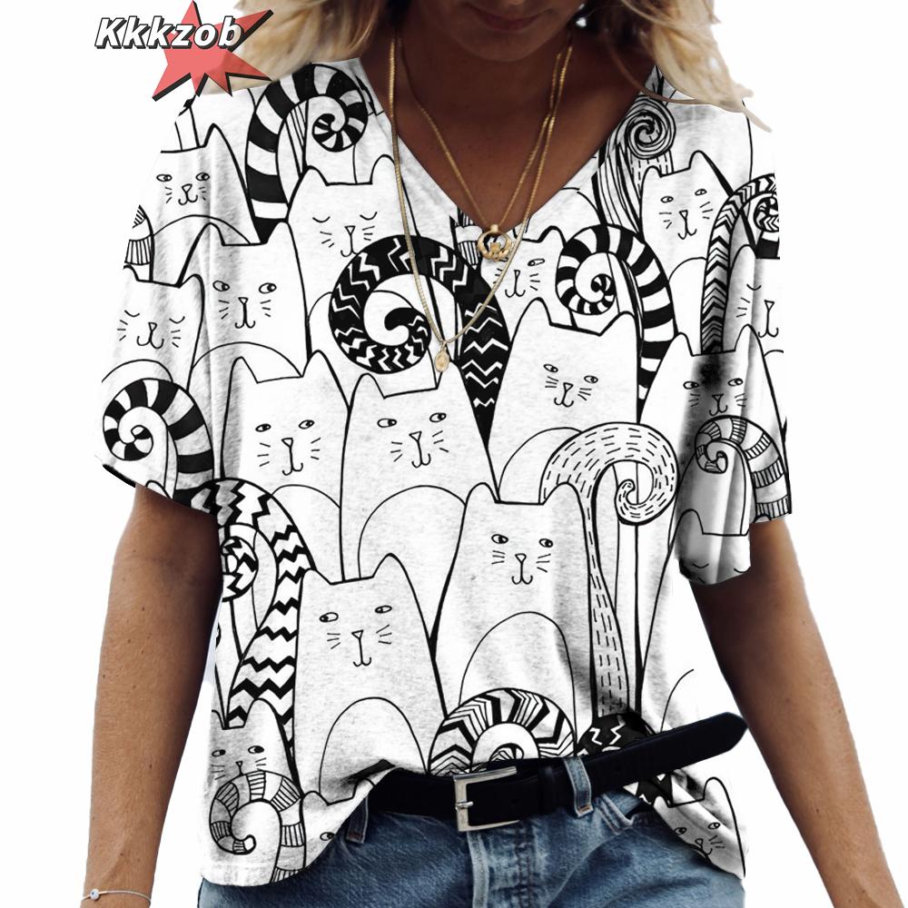 Anime Katzen-Print Damen T-Shirt 2024 Mode Harajuku Kleidung V-Ausschnitt Übergroß Kurzarm T-Shirts Damen Casual Streetwear Bluse