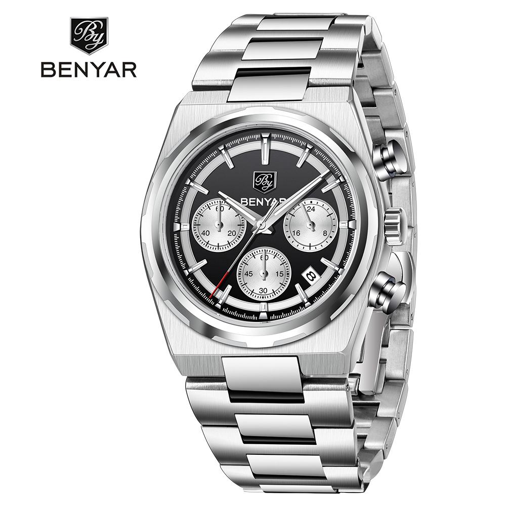 Benyar 40MM Multi-function Quartz Watch Mineral Strengthened Glass Stainless Steel Waterproof Strap Timing Clock Watch for Men