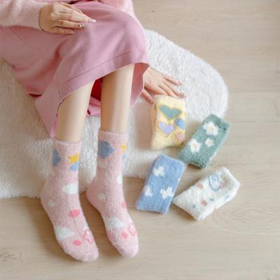 Damen Fuzzy Socken Winter Warme Plüschsocken Niedliche Herzschleife Wolkenmuster Flauschige Socken für Mädchen Zuhause Lounging Outdoor-Bekleidung