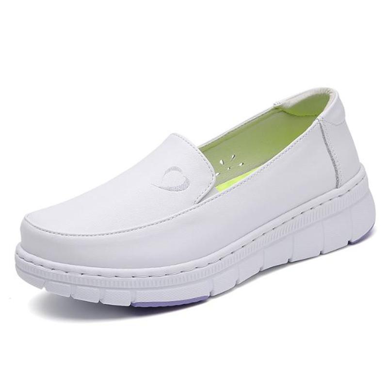 Fashion Women Genuine Leather Flat Nurse Shoes Casual White Wedge Fashion Slip on Non-slip Loafers Women Comfort Hollow Out Work Shoes