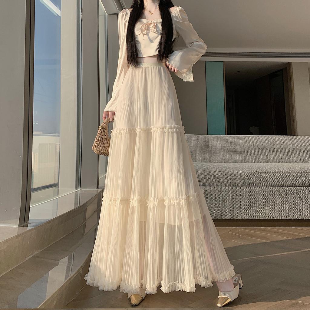 Qooth Tulle Tiered Maxi Skirt  High Waist A-Line Flowy Skirt QT2863 абрикосовый