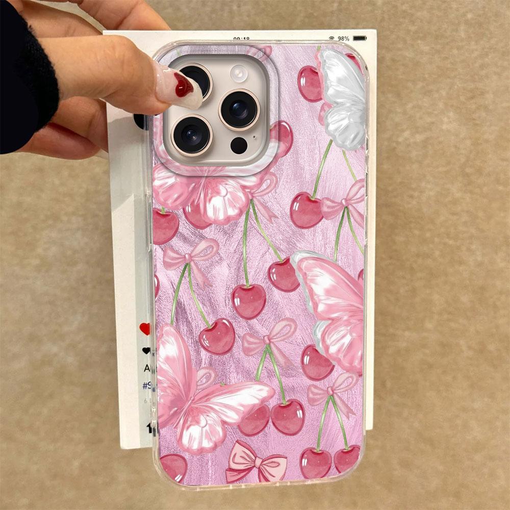 Pink Fruit Cherry Butterfly Feather Texture Phone Case for iphone 16 15 14 7 8 Plus 13 Pro Max X XS XR SE 2022 Silicone Cover