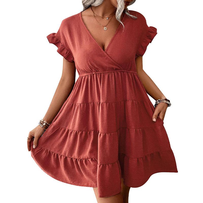 Summer Women's Dress Short Sleeve Solid Colour Dresses