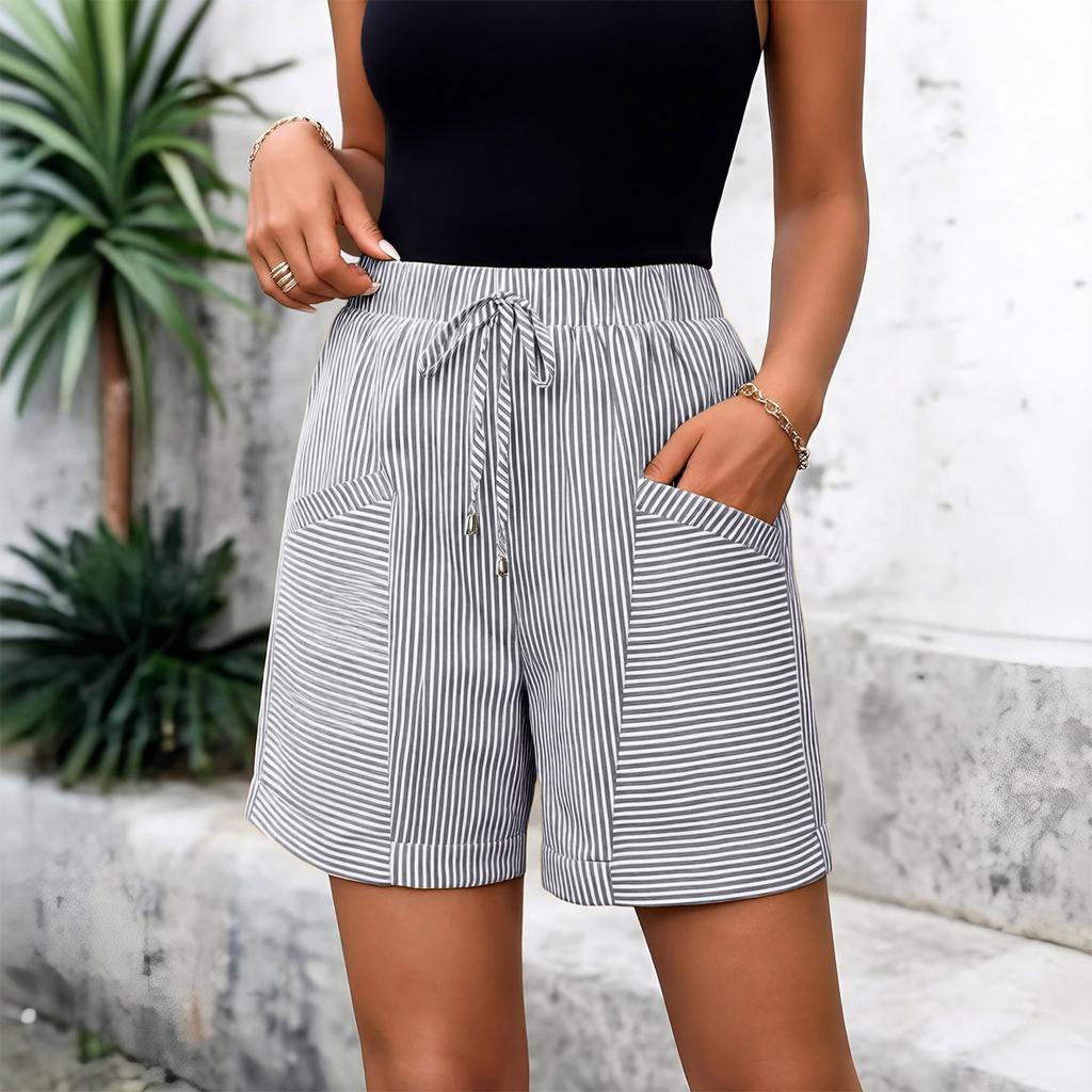 Women's Fashion Striped Casual Drawstring Elastic Pants Shorts