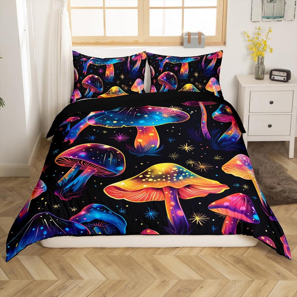 Fantasy-Pilz-Bettwäsche-Sets für Kinder Queen Leichte Steppdeckenbezüge Buntes Natürliches Wildpilz-Bettwäsche-Set Schlafzimmerdekoration
