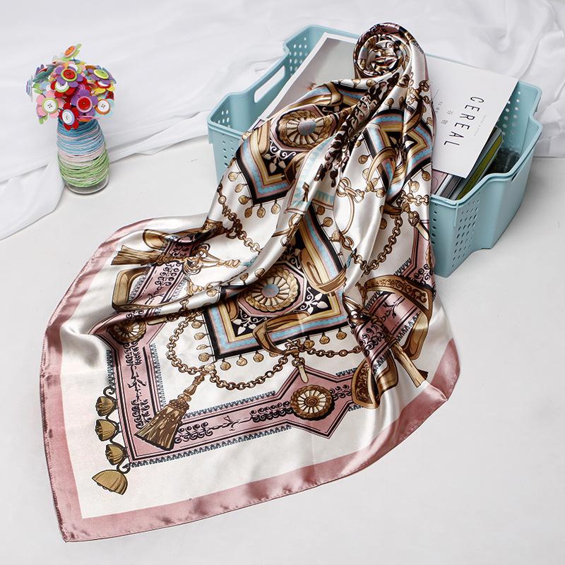 Satin Square Scarf Women Muslim Hijab Elegant 2026 Chains Print Neckerchief Shawl Wraps Headband Handle Hair Accessories Bandana