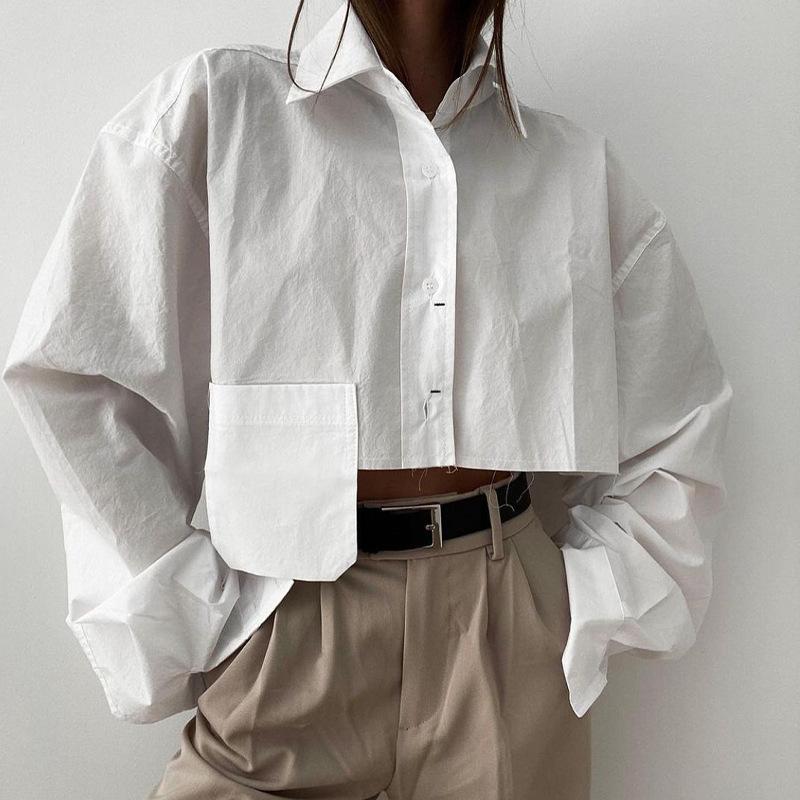 Autumn Fashion Chic White Women Blouse Sexy Lapel Long Sleeve Crop Shirts Lady Streettop Woman Blusas Clothing Pockets