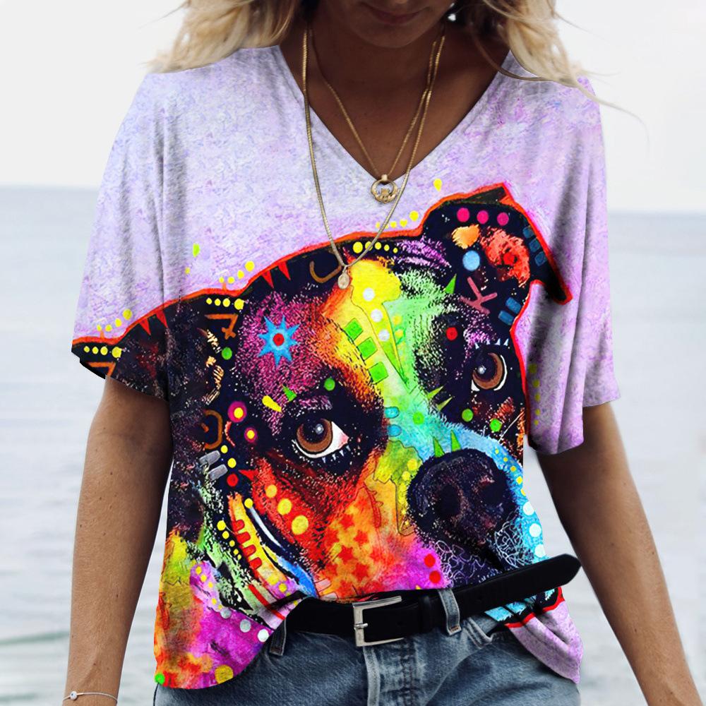 Summer V-neck 3D Dog Printed Top Fashionable Casual Short Sleeved Women's T-shirts