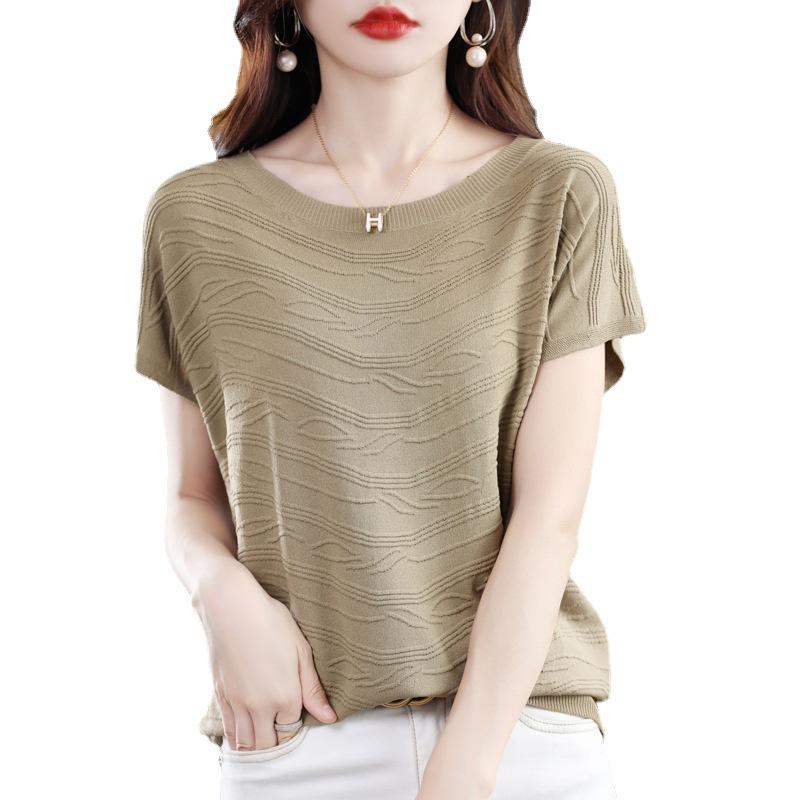 IHUASU Women's Short-sleeved O-neck T-shirt Loose Temperament Commuting Bottoming Spring and Summer Ice Silk Tops