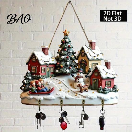 Christmas Gift for Home Winter Village Wooden Wall Hanging, Snow House Snowman Plaque, 4 Hook Lightweight Ornament Mount Key Holder, Holiday