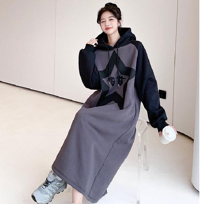 Women's Fashion Fall Winter Star Print Long Sleeve Hooded Loose Waistline Casual Dresses