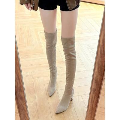 Bottes montantes à talon aiguille pointues Nouvelles bottes fines élastiques à talon épais Bottes skinny