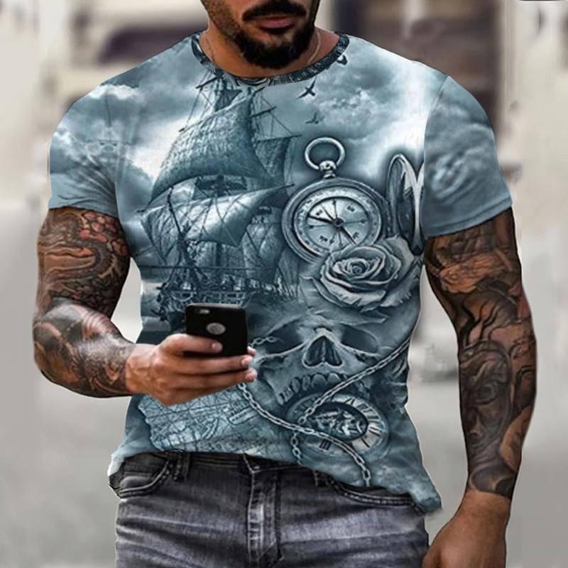 Summer Retro Compass T-shirt Men's 3D Printed T-shirt Fashionable Street Harajuku T-shirt Short Sleeved Oversized Top Men's Clothing