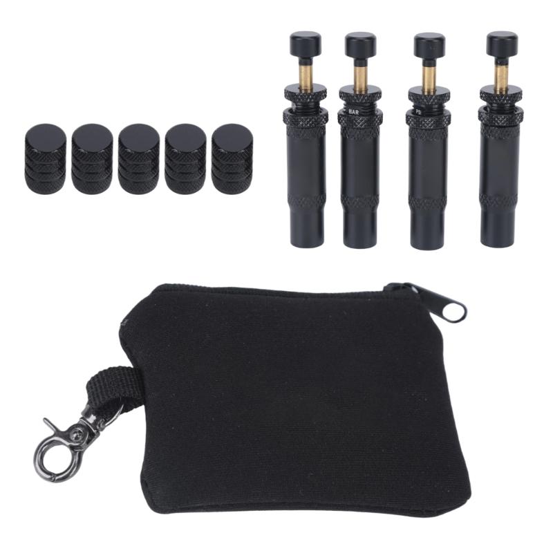 Two-Unit Tire Deflator Set for Tire Pressure Adjustment, 4 Stainless Steel Mechanical Air Release Devices with Stem Covers, Carry Pouch and Retail Box
