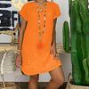 Women's Fashion Summer Loose Skirt Short Sleeve V-Neck Cotton Linen Dress