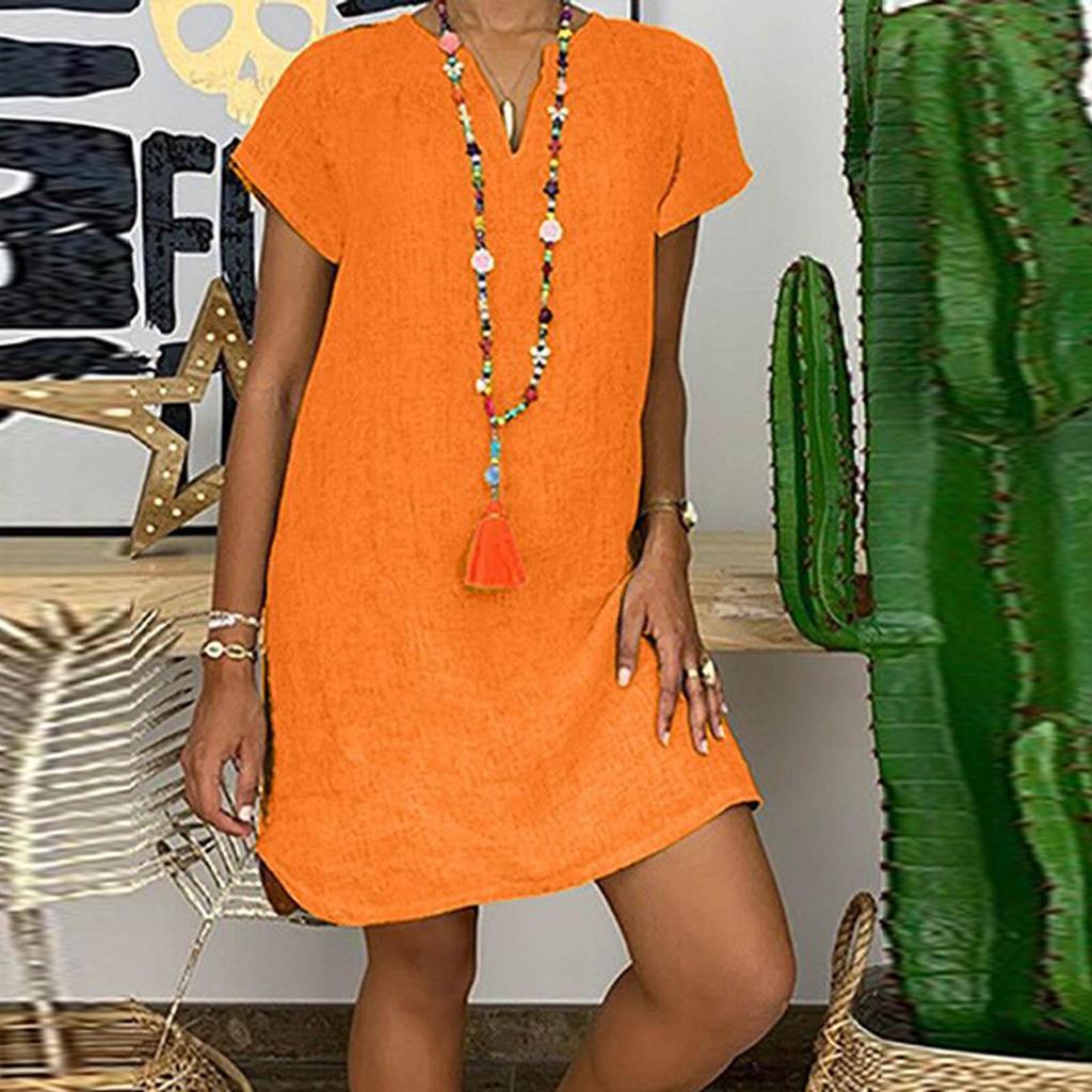 Women's Fashion Summer Loose Skirt Short Sleeve V-Neck Cotton Linen Dress