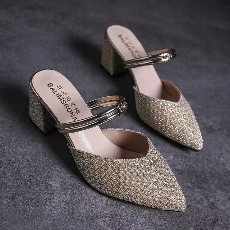 Wearing pointed toe half slippers versatile women's shoes trendy two wear women's summer new bag head thick heel cool slippers