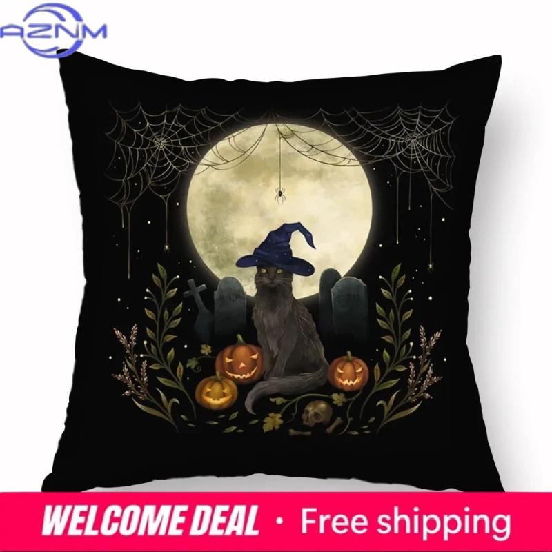 Home Decor Halloween-Themed Moon And Witch Pillowcases Pattern Cushion Cover Suitable For Sofa Bedroom Car Pillow Cover
