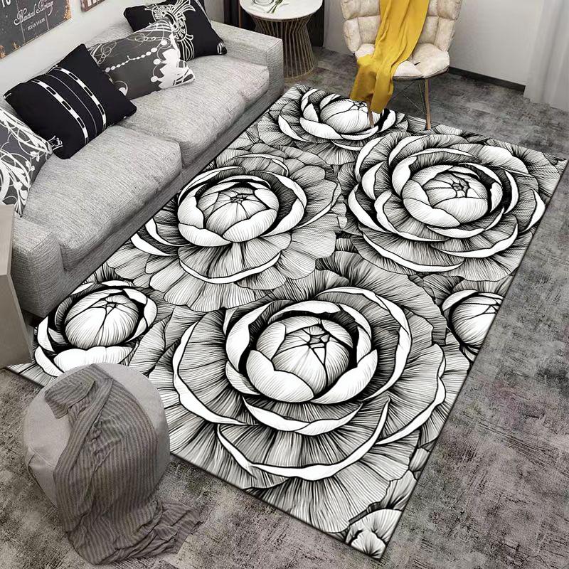 Black and White Floral Design Carpet, Elegant Rose Pattern for Home Decor Suitable for Use As an Anti-slip for Living Room Bedroom Sofas
