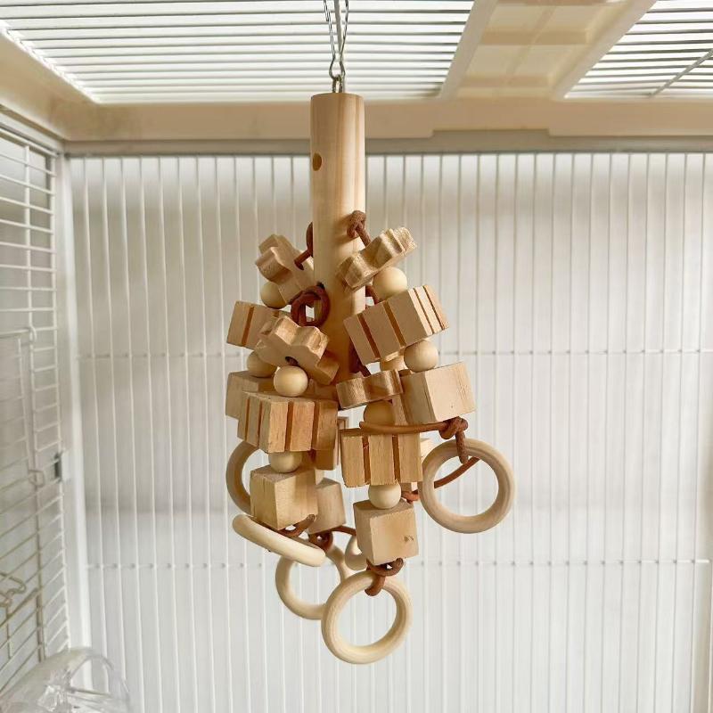 Hanging Parrot Chew Toy 1Pcs Natural Wood Blocks Bird Bite Toy with Wooden Rings for Parakeets Cockatiels Anti-boredom