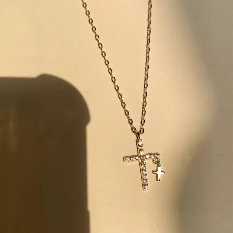 Charm Full Zircon Double Cross Pendant Necklace for Women Personality Collarbone Chain Jewelry Accessories Gift