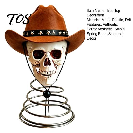 Skull Christmas Tree Topper Gothic with Cowboy Hat, Vintage Western American Wilderness Ornament Skeleton for Halloween, Spooky Top Decoration