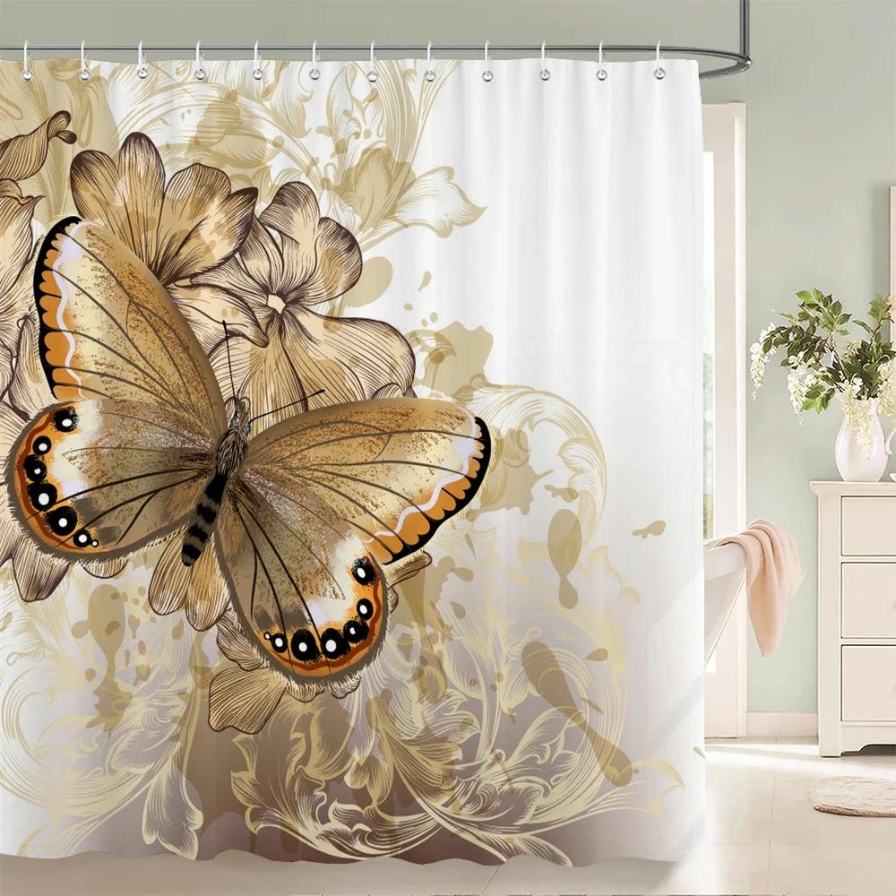 Beautiful Flowers Shower Curtain Butterfly Birds Printed Bathroom Curtains Polyester Fabric Home Decor Bathtub Screen with Hooks
