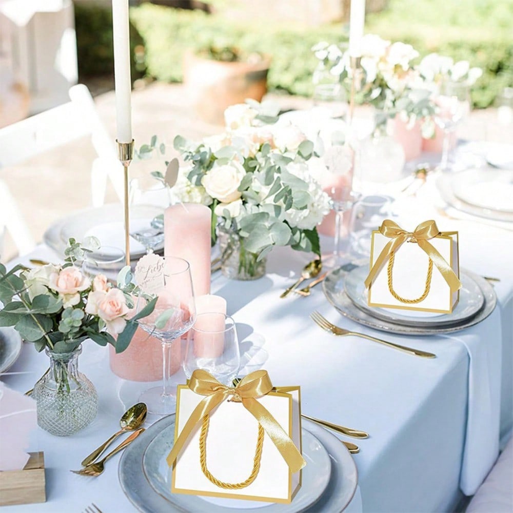 12pcs Small Gift Bags with Handles, White Gold Mini Bags, 5.51x 2.36x4.72 Inches Small Thank You Gift Bags Bulk with Ribbon