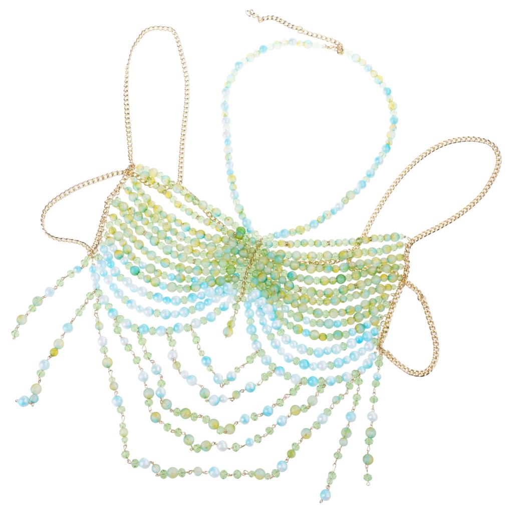 Top Camicetta alla Moda con Scollo all'Americana e Perline, Collana Statement, Bandeau, Catena per il Corpo per Festival e Serate
