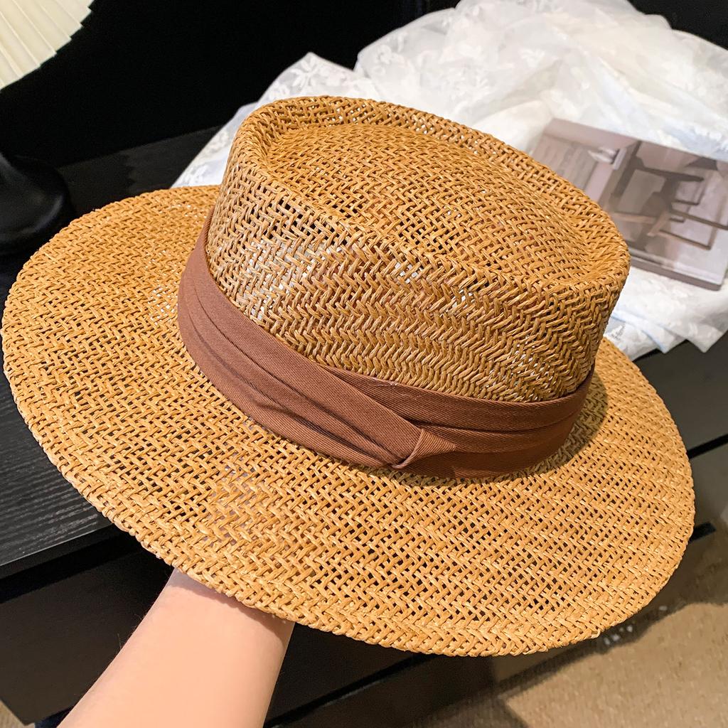 Old Money Wind Hollow Woven Flat Top Straw Hat Women's Summer Seaside Vacation Wind French Retro Top Hat Sunscreen Visor Hat