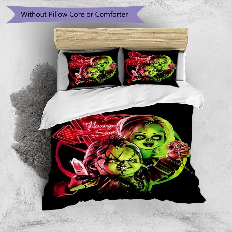 3pcs Duvet Cover Set (1*Duvet Cover + 2*Pillowcase, Without Core), Bride of Chucky Print Bedding Set, Bedroom Decor, All‑Season, Birthday Gift