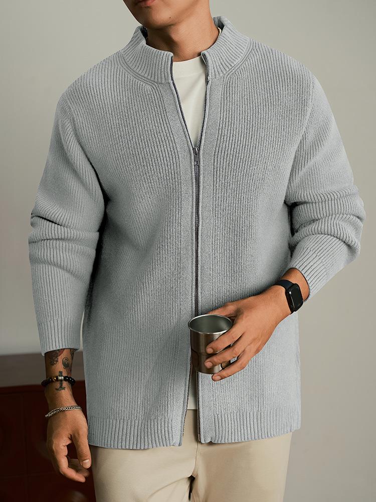 Men's High Neck Double Zipper Cardigan Sweater Jacket - Solid Color, Loose-Fit Knit Top for Autumn and Winter