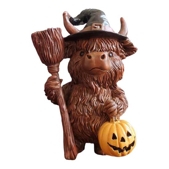 Halloween Highland Cow Resin Figurine Wizard Hat Pumpkin Broom Cattle Statue Sculpture Holiday Party Decoration Ornament