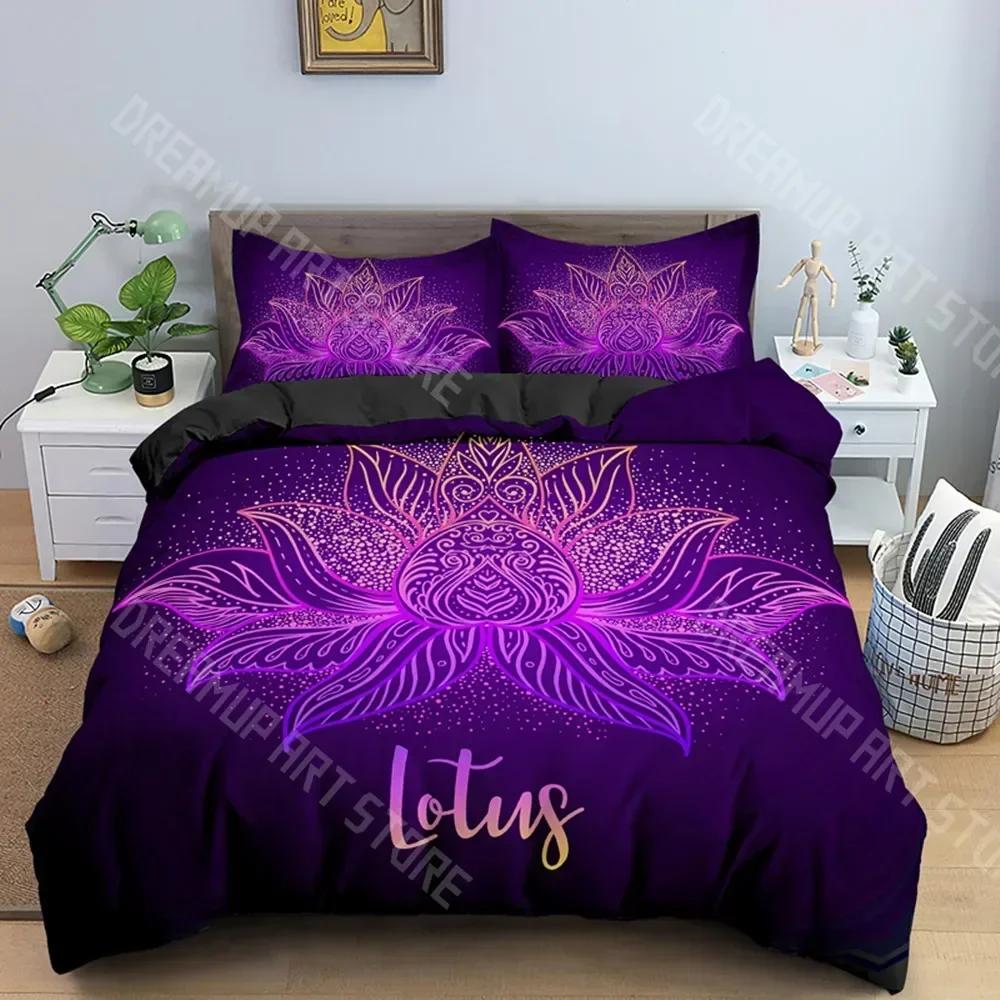 Bohemian Lotus 3pcs Bed Set Duvet Cover Set Mandala Flower Quilt Cover Adult Black Polyester Bedding Set Queen King Twin Te