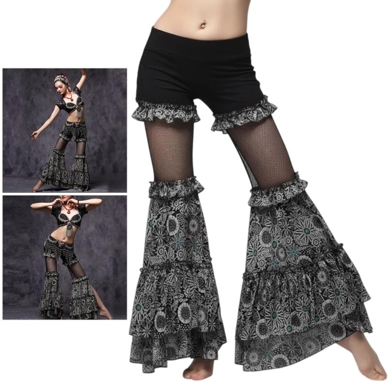 Women's Tribal Belly Dance Pants Mesh Patchwork Flared Pants Bellydance Costume for Performances Halloween Party
