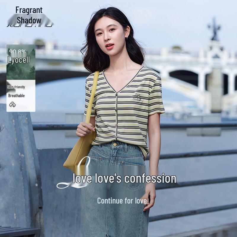 Xiangying Women s Striped Butterfly Embroidery V-Neck T-Shirt L