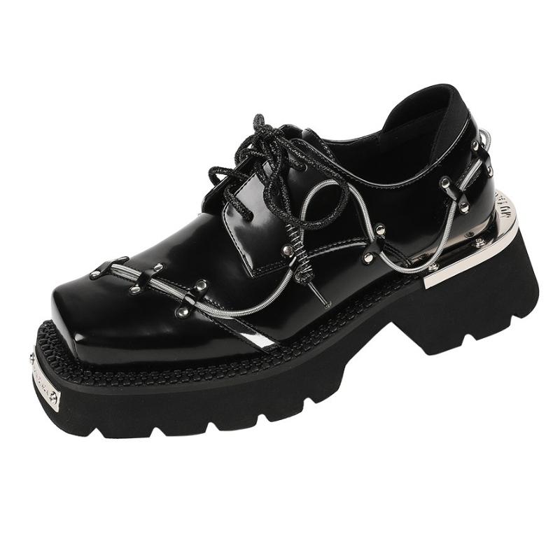 

Модная обувь в панк-стиле, украшенная металлической цепочкой, на массивном каблуке, женская, модная, черная лакированная кожа, на шнуровке, лофер, удобная, водонепроницаемая, zapatos mujer 40 чёрный