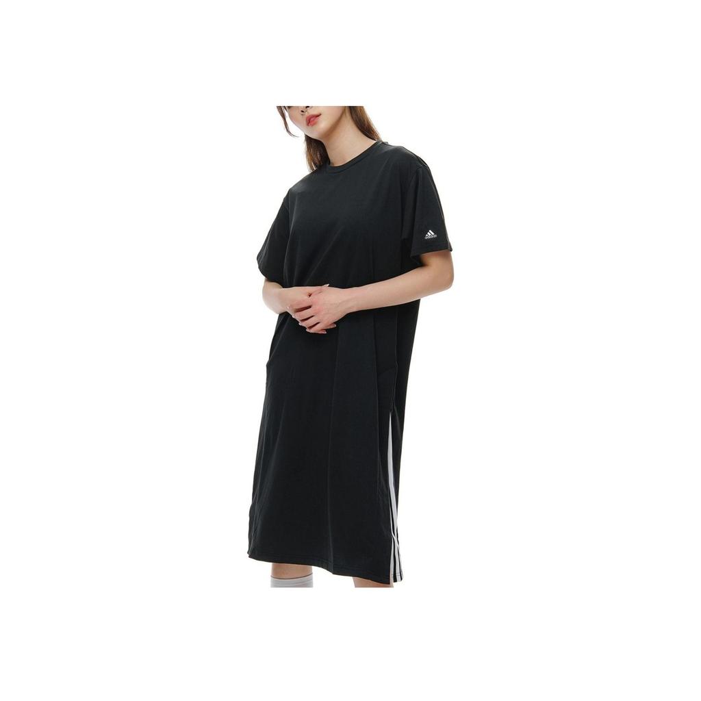 Adidas Letter Logo Printed Round Neck Pullover Midi Short Sleeve Dress Women Dresses Black GD8445