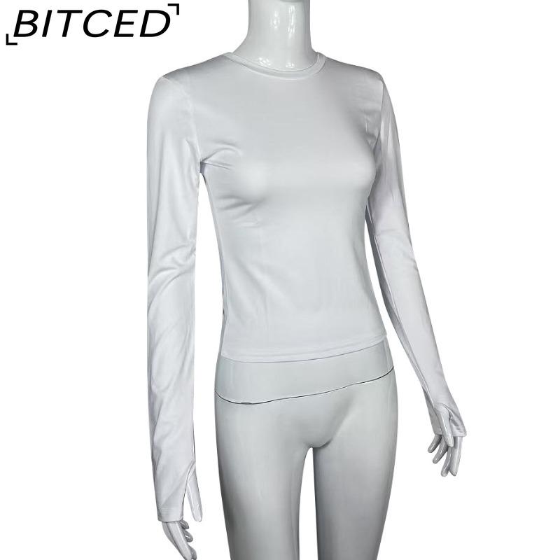 BITCED Women's Spring/Autumn T-Shirt Solid-Colour O-Neck Base Layer Slim-Fit Long-Sleeved Top