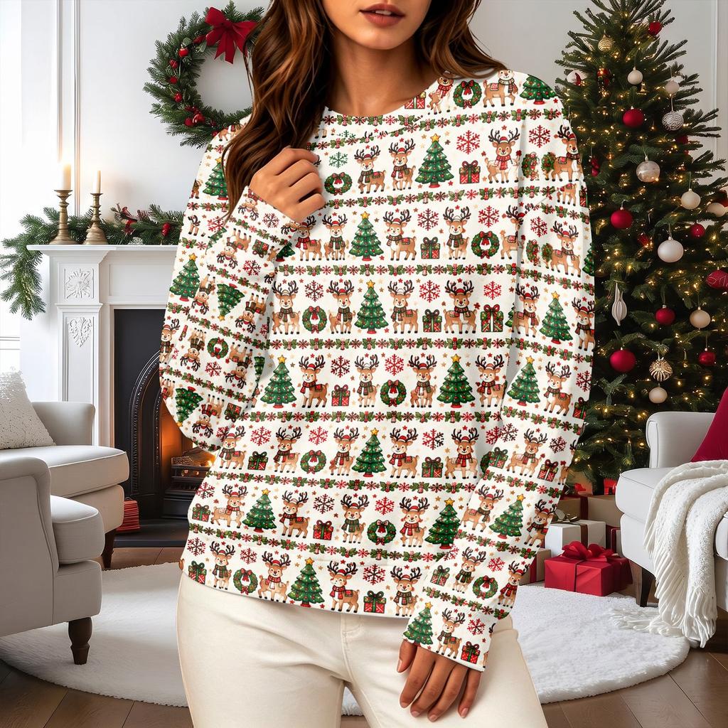 Women's Casual Long Sleeve Christmas Print Crewneck Sweatshirt Top for Holiday Wear
