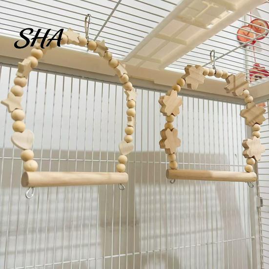 Non-slip Bird Perch Parrot Swing Perch, Solid Wood Pole, Wooden Blocks And Toy Natural Beads Arch, Unpainted for Small Medium Parrots Climbing